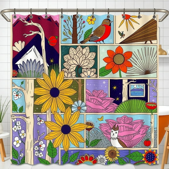 Whimsical Floral & Animal Shower Curtain - Colorful Comic Book Design