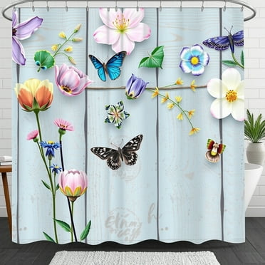 Whimsical Floral & Butterfly Shower Curtain - Light Blue Woodgrain Design