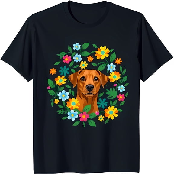 Whimsical Floral Circle Dog Design Black T-Shirt Cheerful Pet Lover Tee