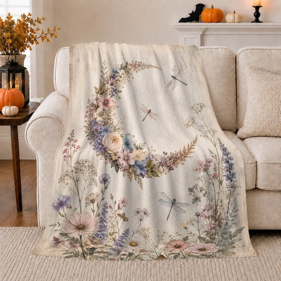 Whimsical Floral Crescent Moon Dragonflies Watercolor Art, Mystical Celestial Art Scene, Warm Flannel Blanket for Sunroom and Reading Nook, Garden Lovers Thank You Gift, Botanical Home Decor