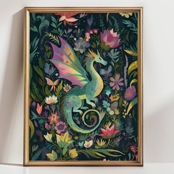 Whimsical Floral Dragon Art Colorful Fantasy Creature Botanical Mythical Poster, Unframed Paper Poster 8x10in