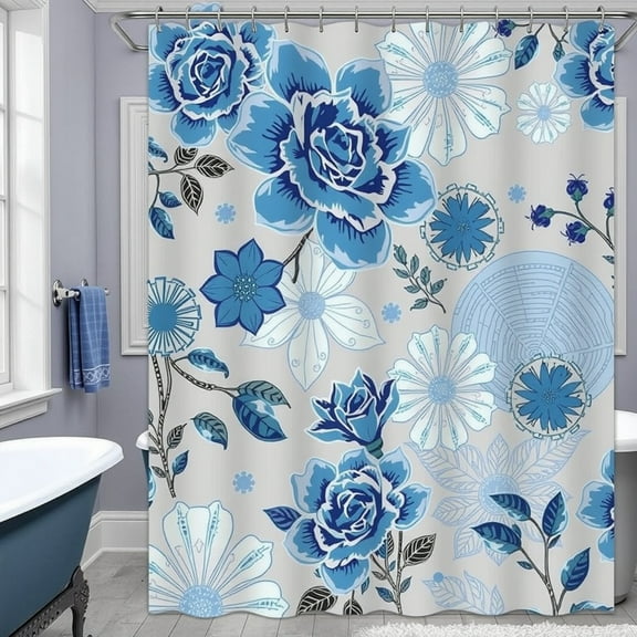 Whimsical Floral Print Shower Curtain - Light Gray with Vibrant Blue Flowers