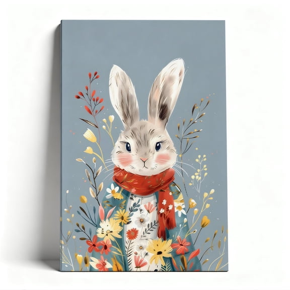 Whimsical Floral Rabbit Canvas Wall Art, Cute Animal Decor, Colorful Botanical Artwork for Nursery, Ready to Hang