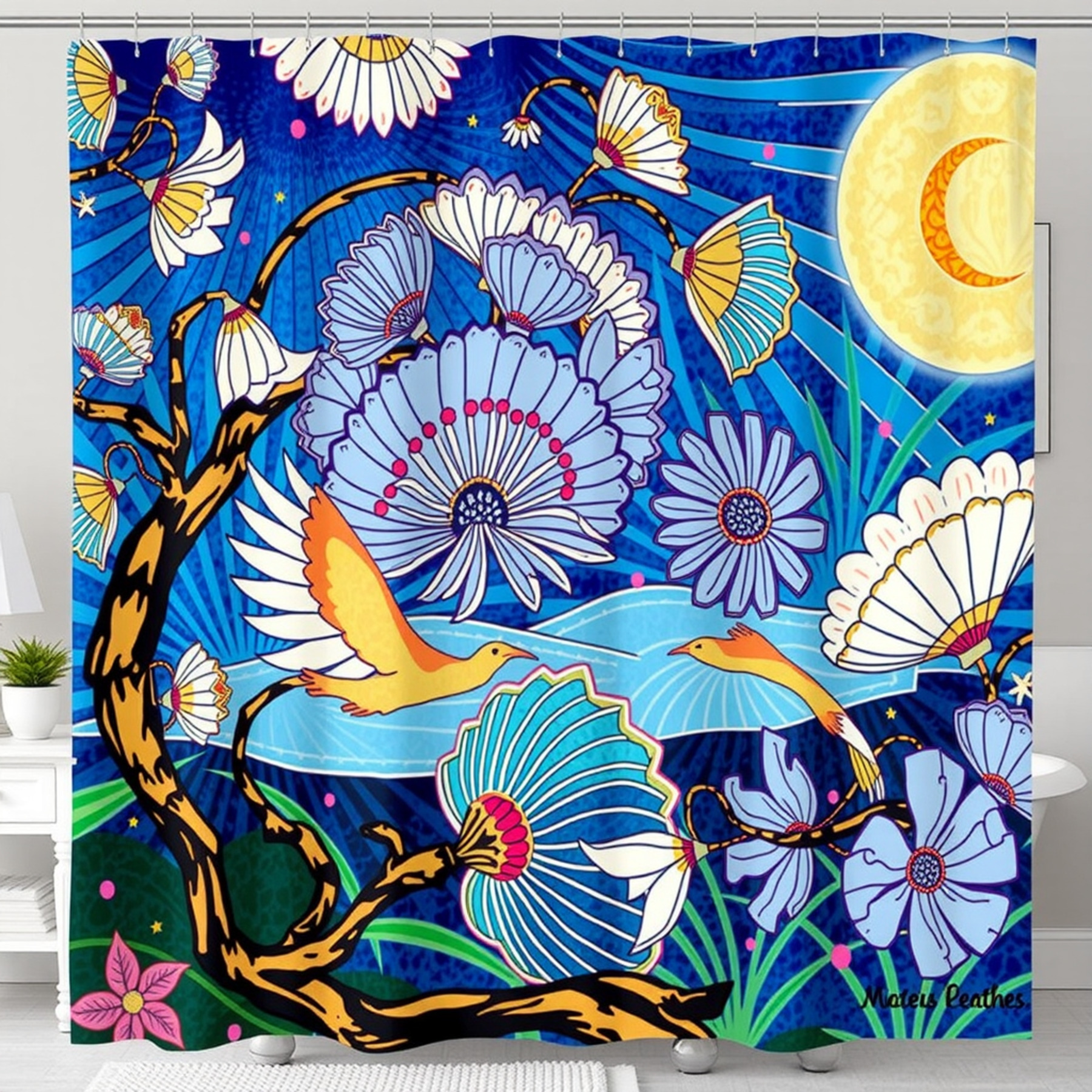 Fun Frog & Lemon Shower Curtain – Whimsical Botanical Print With Birds, Citrus Trees | Cottagecore Coastal Bathroom Decor - View #6