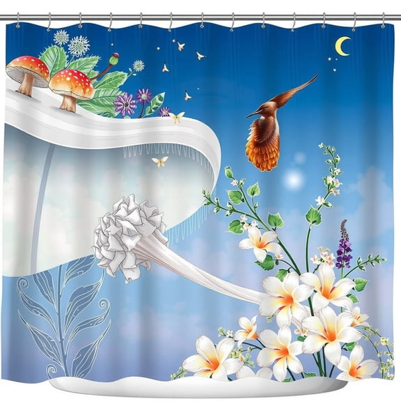 Whimsical Floral Shower Curtain with Blue Background, Moon & Stars