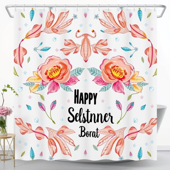 Whimsical Floral Shower Curtain with Stars - "Happy Selstinner Borat" Design