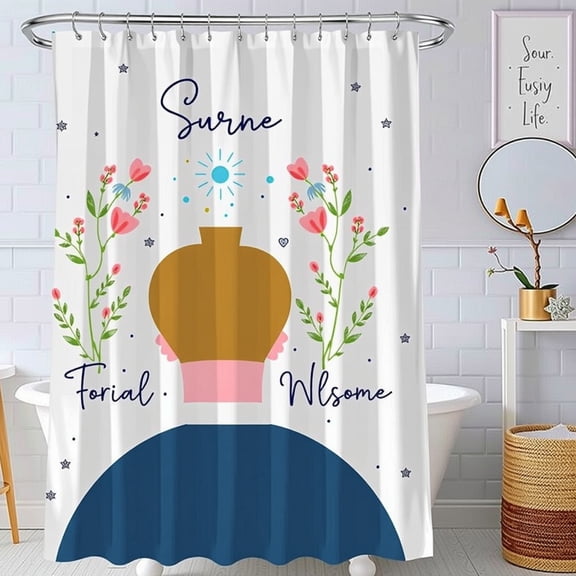 Whimsical Floral Shower Curtain with Tan Pink & Blue Flowers Panel - Playful Bathroom Decor