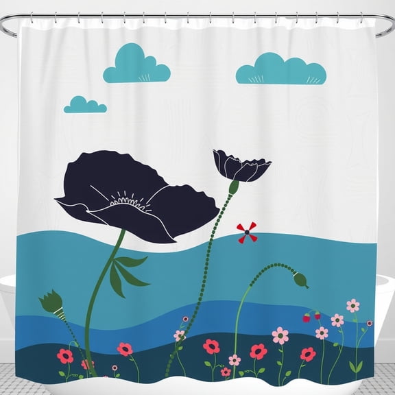 Whimsical Floral Shower Curtain with Teal Clouds