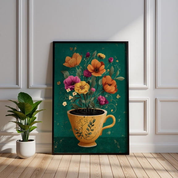 Whimsical Floral Teacup Botanical Folk Tea Room Decor Poster Unframed Paper Print