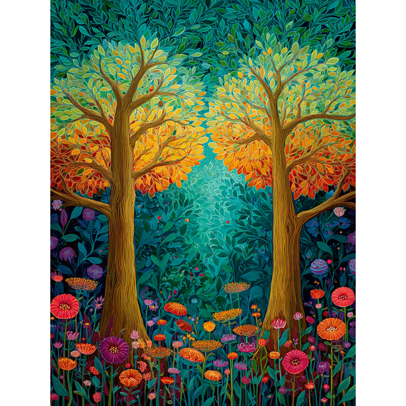 Whimsical Flower Tree Canvas Wall Art Print, Living Room Bedroom Boho Entryway Decor