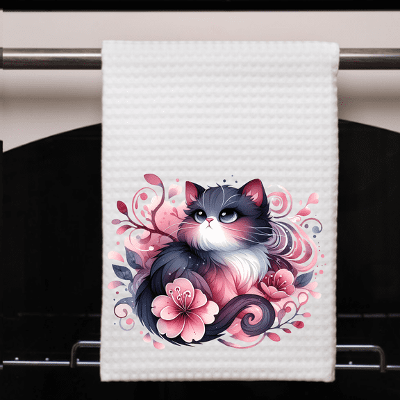 Whimsical Fluffy Cat Kitchen Towel 16x24 Waffle Weave Dish Cloth with Pink Flowers and Blue Eyes