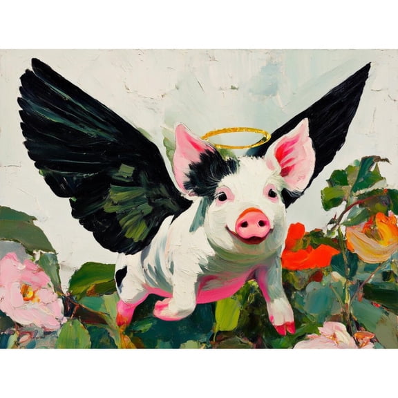 Whimsical Flying Pig Poster, Surreal Maximalist Wall Art