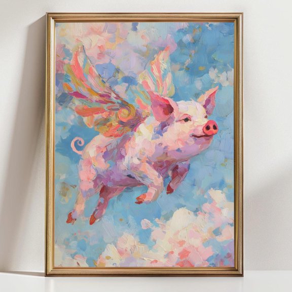 Whimsical Flying Pig Wall Art Colorful Fantasy Animal Poster Nursery Decor, Unframed Canvas 24x36in