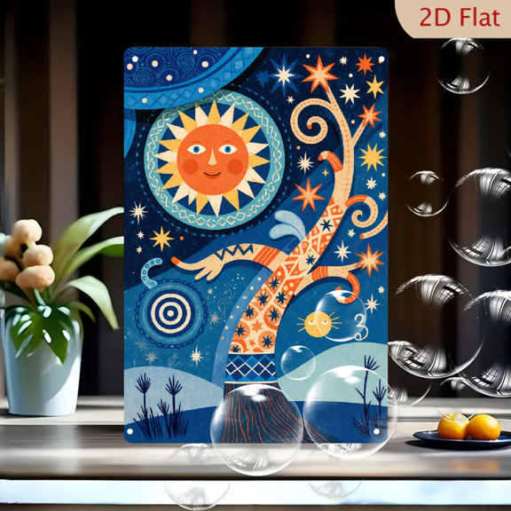 Whimsical Folk Art Tree with Hand Reaching to Smiling Sun Moon, Colorful Night Sky Stars Geometric Patterns 8x12 Inch Metal Wall Decor for Home Office
