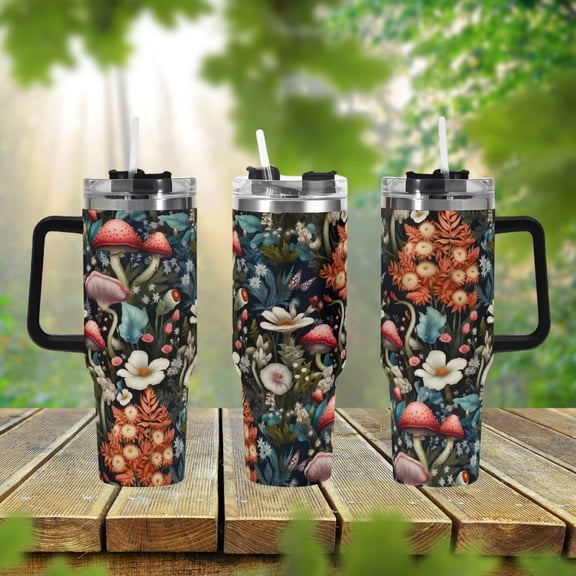 Whimsical Forest 40oz Stainless Steel Tumbler, Mushroom Floral Cottagecore Drink Cup, Large Coffee Travel Mug, Cute Aesthetic Tumbler Gift