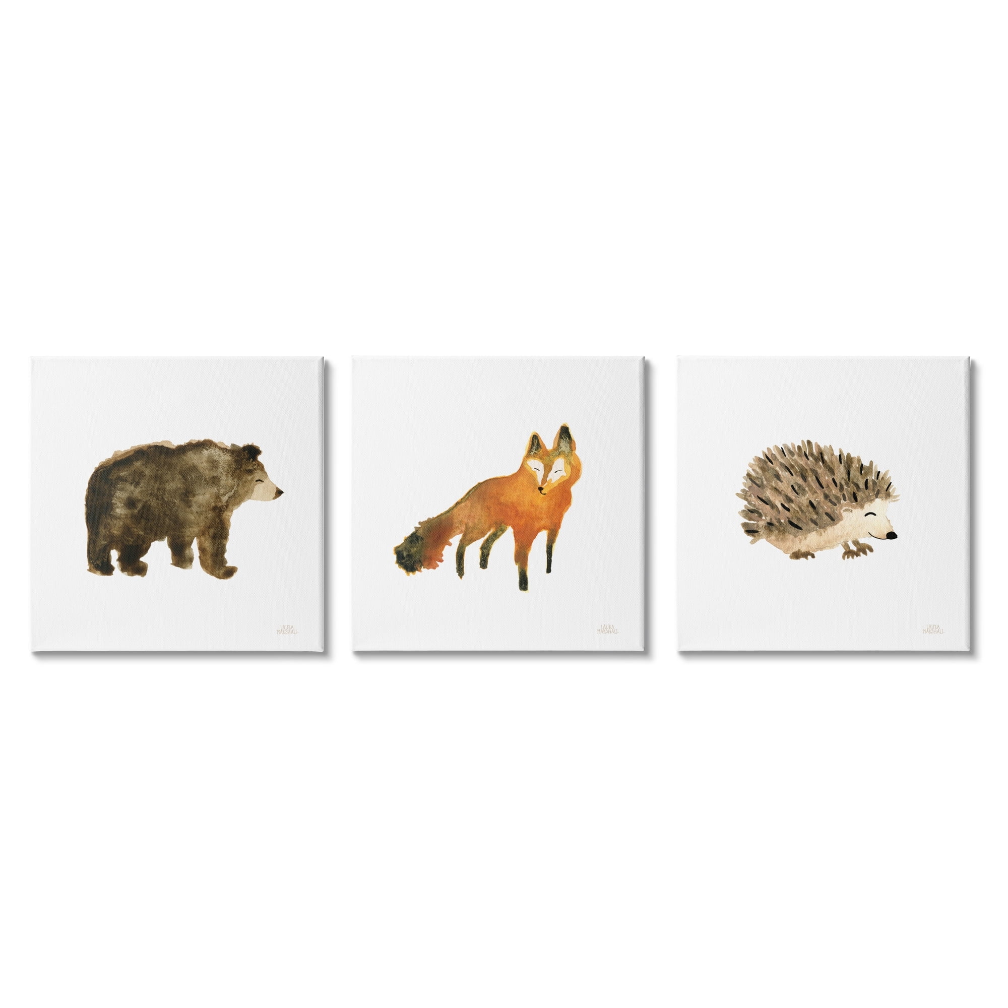 Whimsical Forest Animal Watercolor Fox Hedgehog Bear Animals & Insects Gallery-Wrapped Canvas Print Wall Art, Set of 3, 17x17