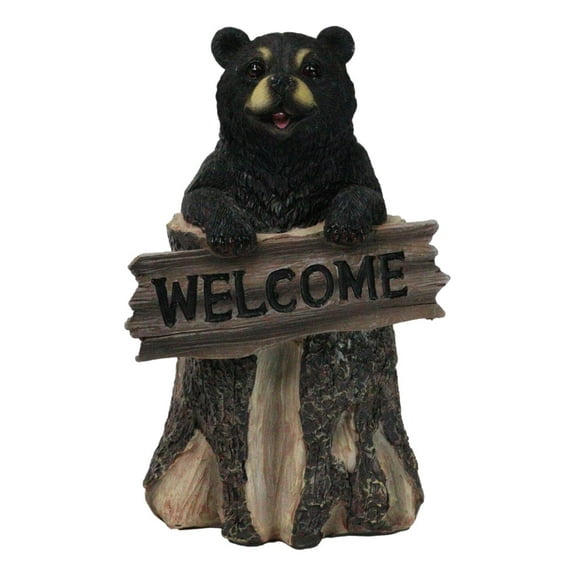 Whimsical Forest Black Bear On Tree Log Holding Welcome Plank Sign Figurine 7"H