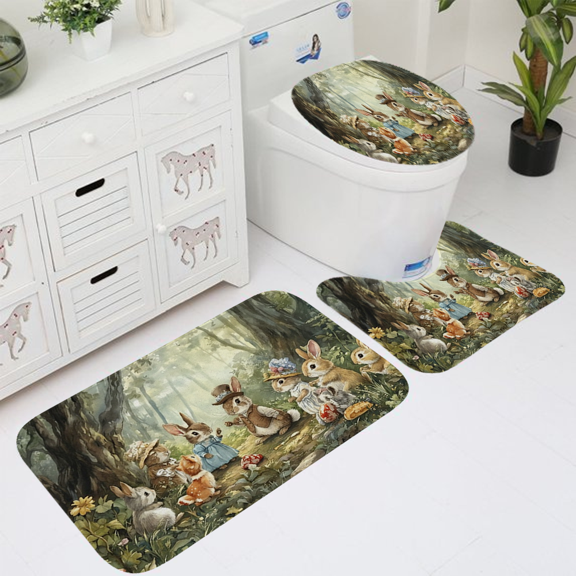 Whimsical Forest Bunny Family 3pcs Bathroom Rug Set - Non-Slip Flannel Bath Mat