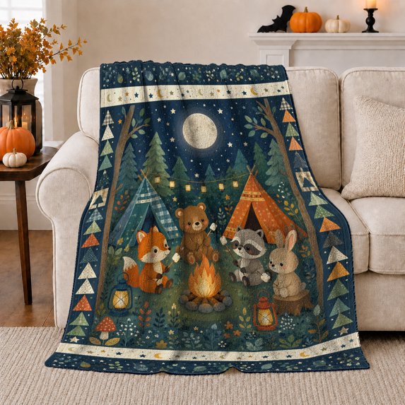 Whimsical Forest Campfire Animals Under Moon Storybook Style, Rustic Camping Scene, Warm Flannel Blanket for Cabin and Lodge, Outdoor Lovers Valentine's Day Gift, Festive Home Decor
