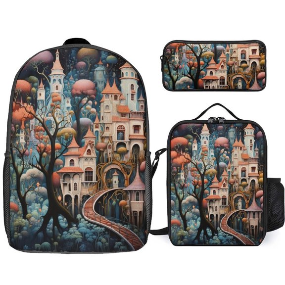 Whimsical Forest Castle Village Backpack Student BookBag Bag Shoulder Bags 3ps Insulated Lunch Bag Pencil Case