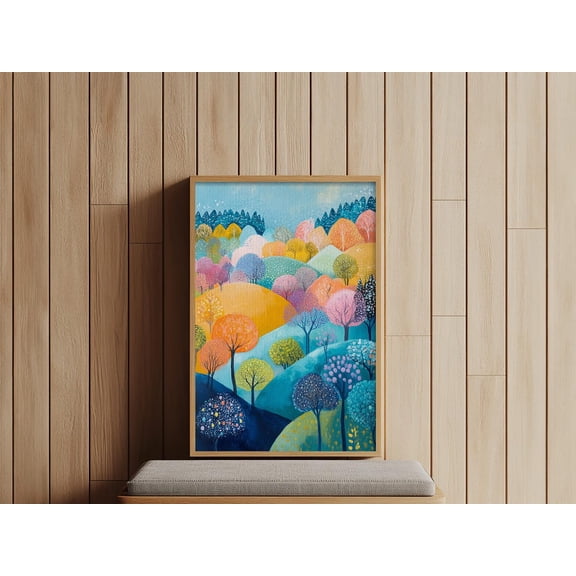 Whimsical Forest Colorful Cottagecore Landscape Wall Art Poster, Unframed Size 8x12