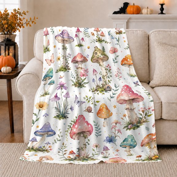 Whimsical Forest Floor decorative motif Fairy House Watercolor, Playful Woodland Scene, Warm Flannel Blanket for Cabin and Lodge, Garden Lovers Thanksgiving Gift, Fantasy Home Decor
