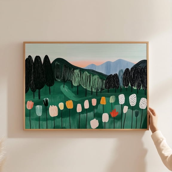 Whimsical Forest Flower Colorful Tulip Field Woodland Landscape Poster, 8x12 UNFRAMED