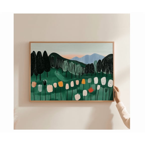 Whimsical Forest Flower Colorful Tulip Field Woodland Landscape Poster