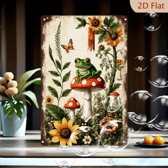 Whimsical Forest Frog on Red Mushroom Vintage Botanical Print, 8x12 Inches Metal Wall Art, Fantasy Woodland Scene with Sunflowers and Butterfly for Home Decor