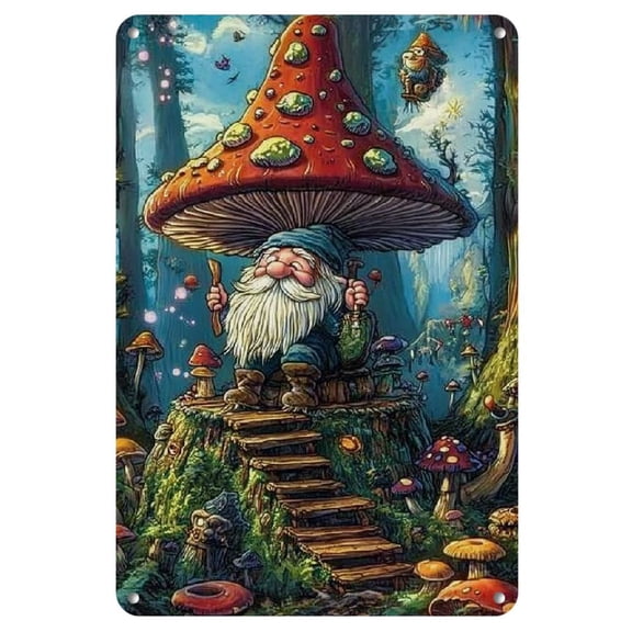 Whimsical Forest Gnome Iron Wall Art - 8x12 Inch Frameless Poster, Vibrant Retro Decor for Home, Bar, Cafe, Kitchen & Bathroom