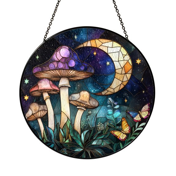 Whimsical Forest Mushroom Moon Stained Glass Window Hanging, Decorative Glass Style Suncatcher Accent