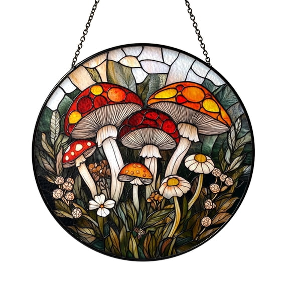 Whimsical Forest Mushroom Stained Glass Window Hanging, Colorful Fairy Toadstool Suncatcher Decor For Cozy Nature Inspired Spaces