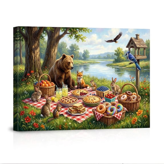 Whimsical Forest Picnic Bear Fox Rabbit Squirrel Food For Living Room Bedroom Cute Animal Home Canvas