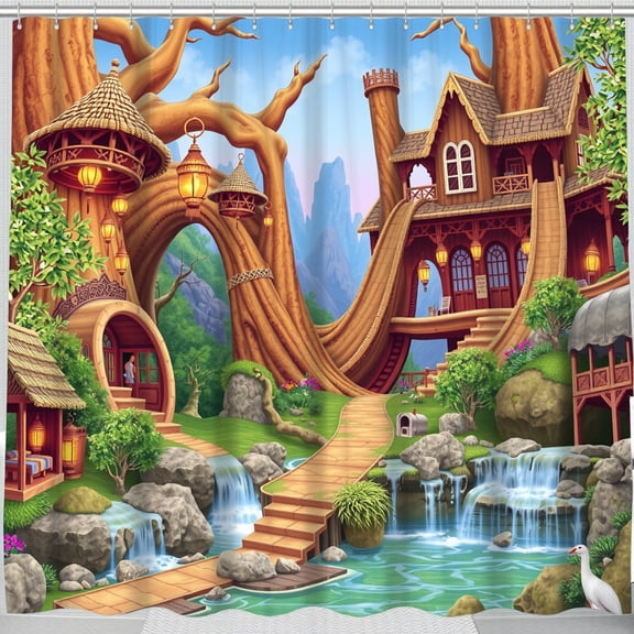 Whimsical Forest Shower Curtain - Charming Treehouse & Waterfalls Design