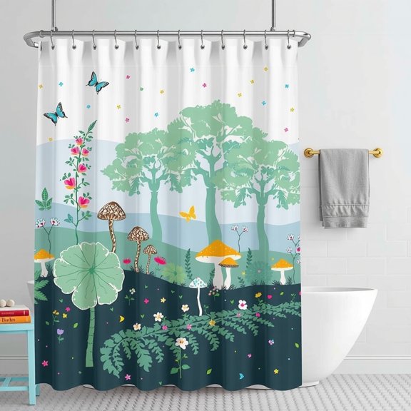 Whimsical Forest Shower Curtain - Colorful Butterflies & Charming Mushrooms