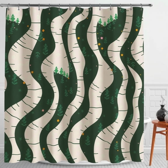 Whimsical Forest Shower Curtain - Dark Green & Cream Nature Design