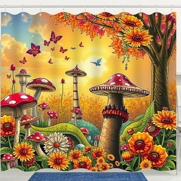 Whimsical Forest Shower Curtain - Vibrant Sunset, Colorful Mushrooms & Flowers