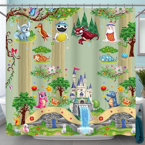 Whimsical Forest Shower Curtain with Colorful Creatures & Castle - -Friendly Design