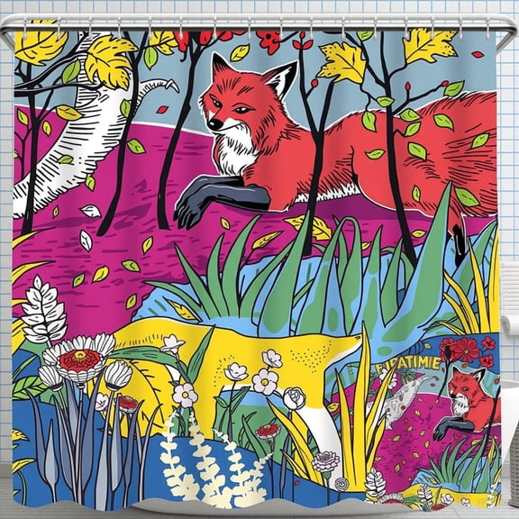 Whimsical Forest Shower Curtain with Colorful Foxes & Greenery - Vibrant Graphic Design for a Playful Bathroom Decor