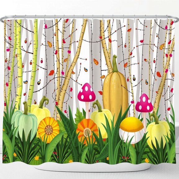 Whimsical Forest Shower Curtain with Colorful Mushrooms & Pumpkins
