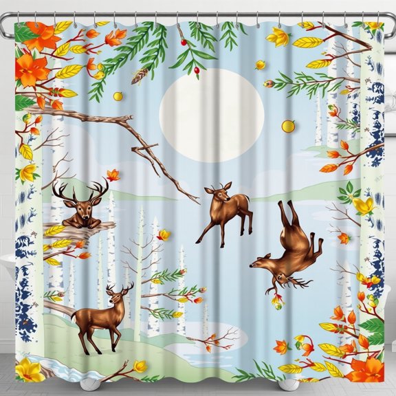 Whimsical Forest Shower Curtain with Deer, Moon & Flowers - Light Blue
