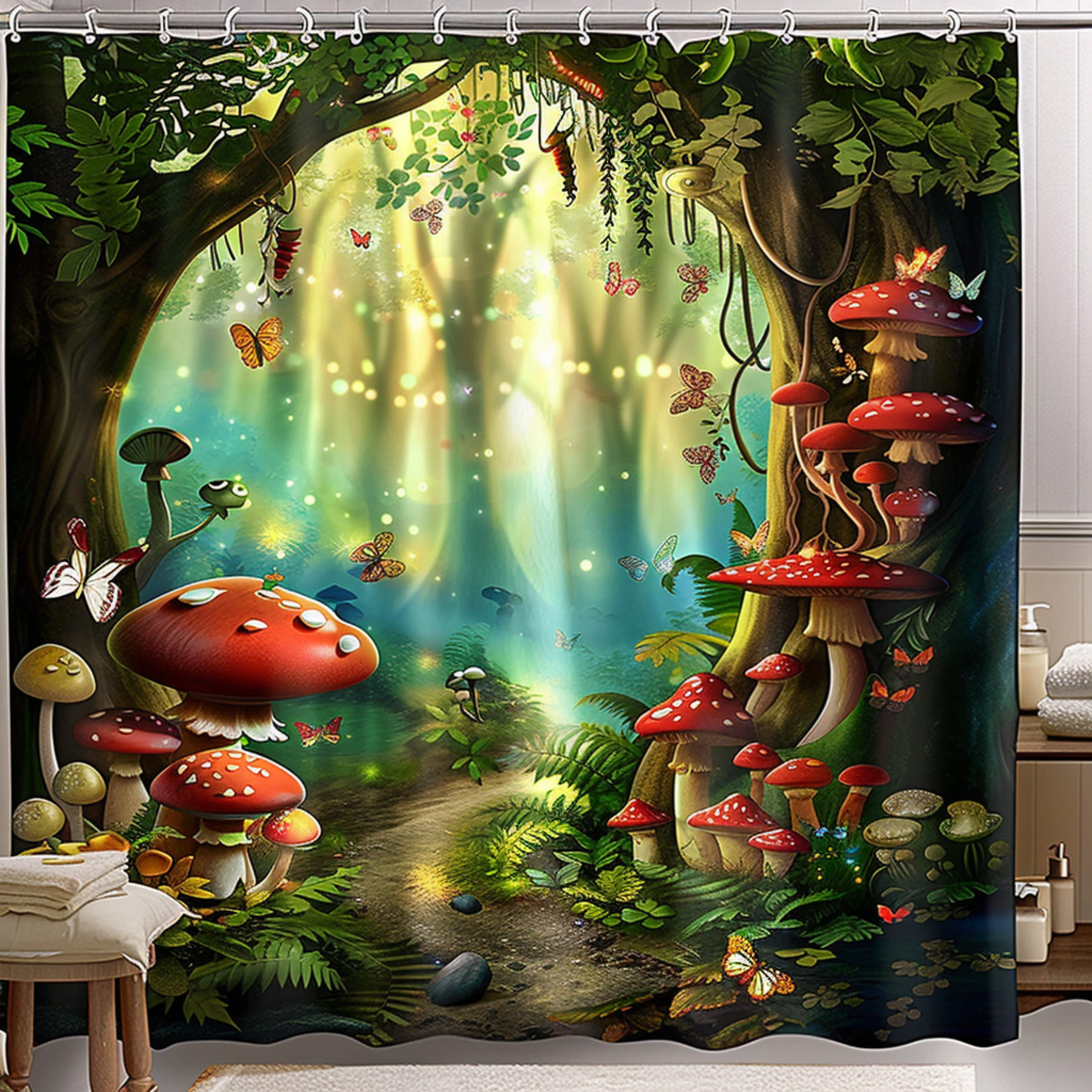 Whimsical Forest Shower Curtain with Mushrooms and Butterflies Bathroom
