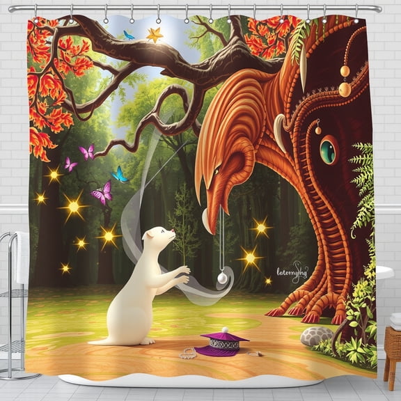 Whimsical Forest Shower Curtain with Tree-Dragon & Creature - Magical Colorful Design