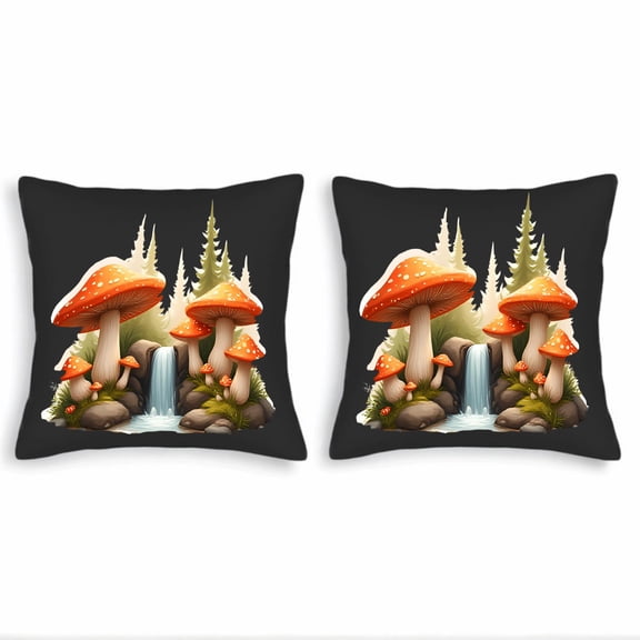 Whimsical Forest Throw Pillow Covers - Set of 2 18x18in Featuring Vibrant Orange Mushrooms Greenery for Couch Bed Car