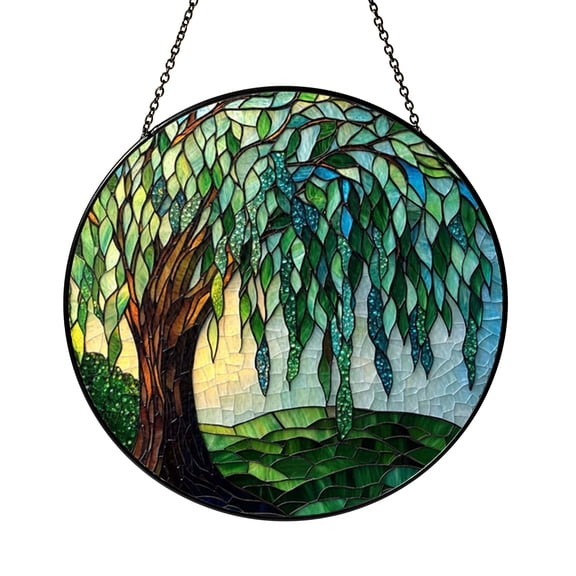 Whimsical Forest with Flowing Willow Tree Stained Glass Suncatcher, Decorative Window Hanging Art Panel for Cottage Style Decor