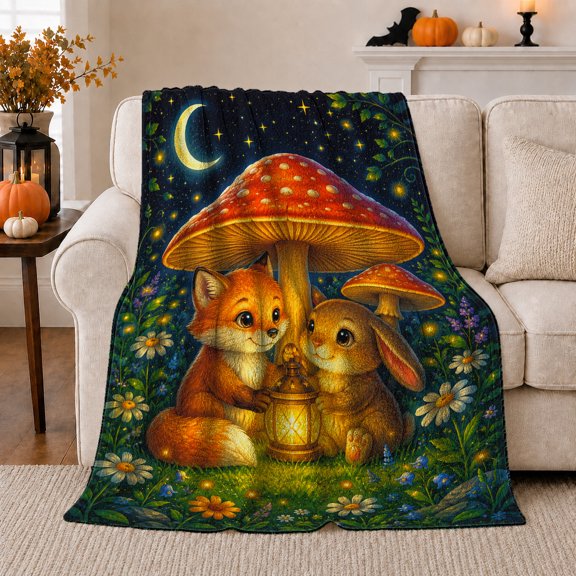 Whimsical Fox and Bunny Under a Lantern, Friendship Quote Scene, Warm Flannel Blanket for Living Room and Reading Nook, Art Lovers Friendship Gift, Fantasy Home Decor