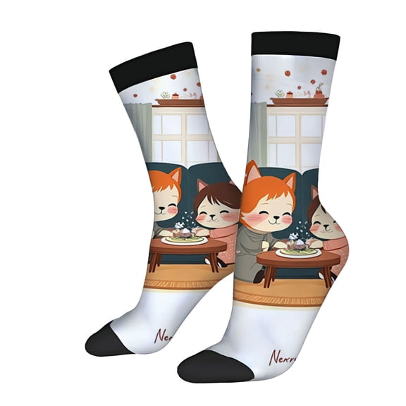 Whimsical Fox Characters Dining Socks - 2 Pairs of Trendy Unisex Mixed Color Socks with Cozy Nature-Inspired Design