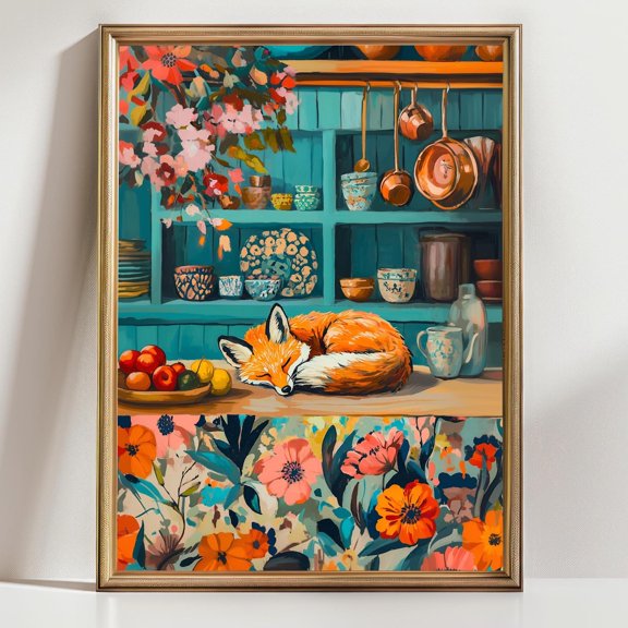 Whimsical Fox Decor Maximalist Kitchen Wall Art Cozy Nature Floral Artwork, Unframed Paper Poster 8x10in