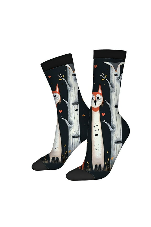 Whimsical Fox Design Socks (2 Pairs) - Unisex Trendy Mixed Color Socks for All Seasons Featuring Playful Foxes on Dark Background with Stars & Hearts