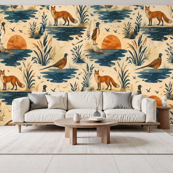 Whimsical Fox Pheasant hunting Wallpaper Sunsets Waterways Autumn Peel and Stick Wall Murals 69"H x 96"W Removable PVC Wall Paper Self-Adhesive Wall Decor for Bedroom Living Room